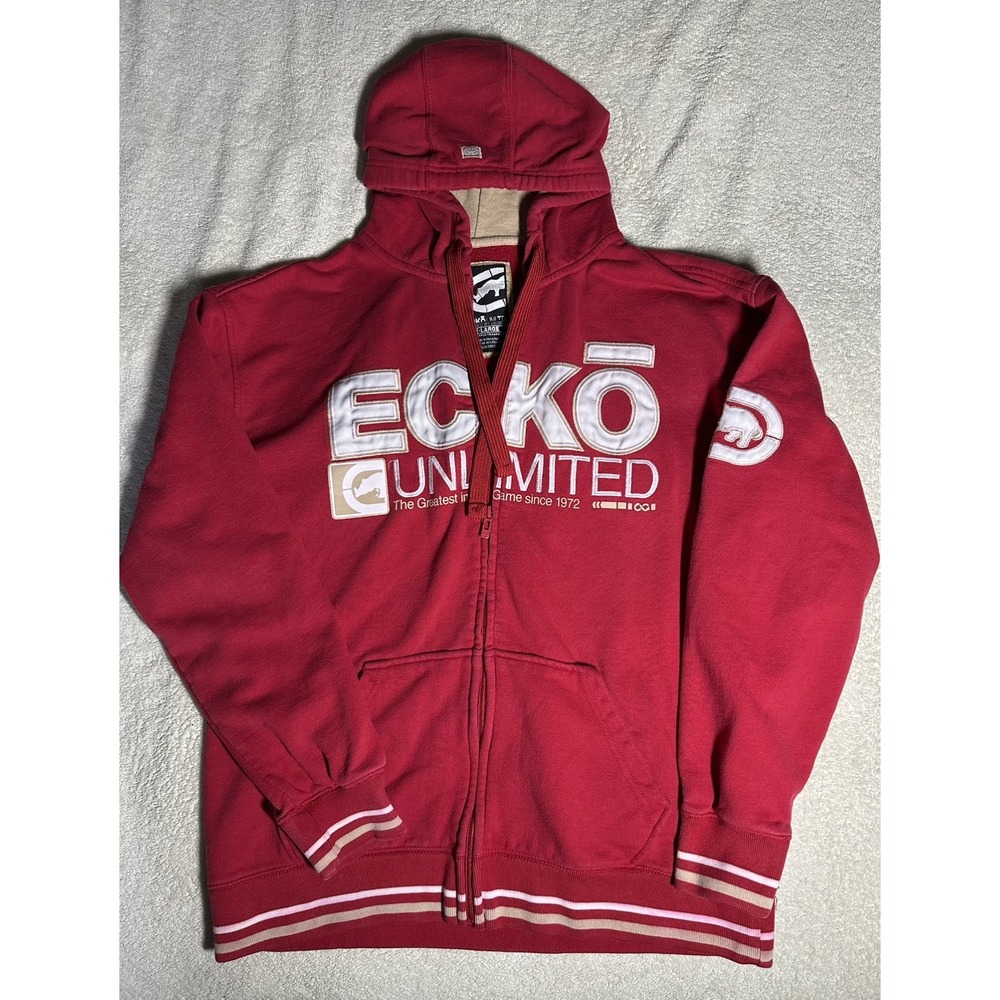 Ecko Unltd Hoodie Mens XL Red Y2K Full Zip Embroidered Logo Thrashed Hip Hop